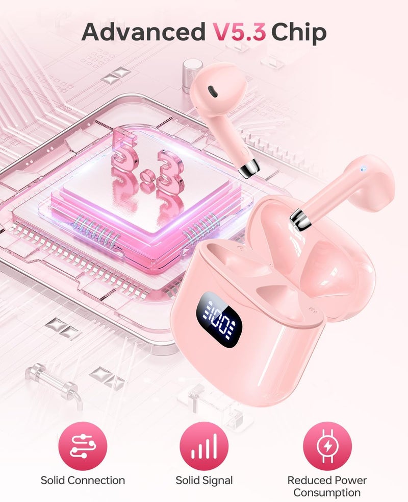 KTGEE Wireless Earbuds Bluetooth 5.3 Headphones, 40Hrs Playback Stereo Ear Buds with LED Display Charging Case IPX7 Waterproof in-Ear Earphones with Mic for Phone Tablet Laptop Sports, Pink - Image 2